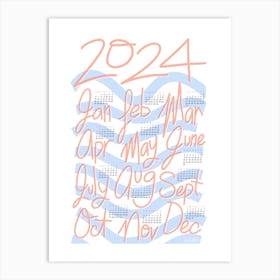 2024 Calendar in Pastel Modern Pink and Blue Art Print