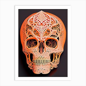 Skull With Intricate Linework Orange Line Drawing Art Print