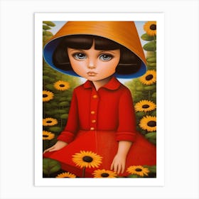 Sunflower Girl In Red Art Print