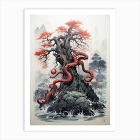 Octopus, Japanese Brush Painting, Ukiyo E, Minimal 3 Art Print