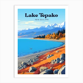 Lake Tepako New Zealand Scenic Travel Illustration Art Print