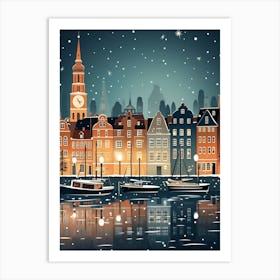 Winter Travel Night Illustration Copenhagen Denmark 4 Art Print