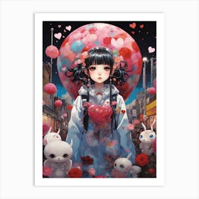 Anime Girl With Heart Shaped Balloons Art Print