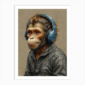 Monkey With Headphones 2 Art Print