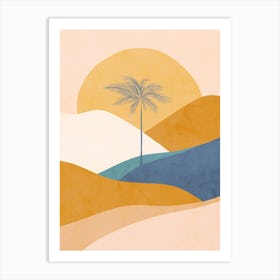 Mid Mod Boho Serene Tropical Palm Summer Sunset Peach Fuzz, Blue, Ochre Art Print