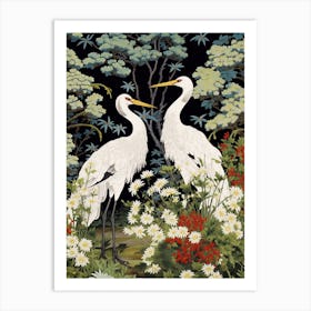 Green And White Cranes 2 Vintage Japanese Botanical Art Print