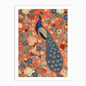 Orange Floral Peacock Wallpaper Inspired Art Print