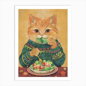 Brown Cat Eating Salad Folk Illustration 2 Art Print