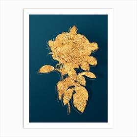 Vintage Giant French Rose Botanical in Gold on Teal Blue n.0319 Art Print