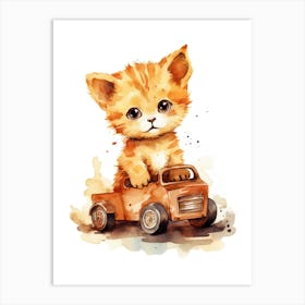 Kitten On Toy Car, Watercolour Nursery 3 Art Print