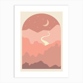 Landscape With Mountains And Moon Boho Earth Colors Illustration Art Print