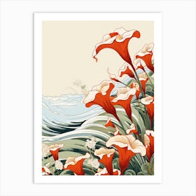 Great Wave With Calla Lily Flower Drawing In The Style Of Ukiyo E 2 Art Print