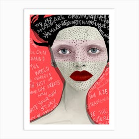 BROOKLYN - Abstract Portrait of a fashion model, Fashion Illustration with Graffitti "Red Lipstick" Freckles  and piercings  Art Print