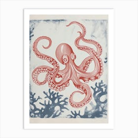 Red & Blue Octopus Retro Linocut Inspired 5 Art Print
