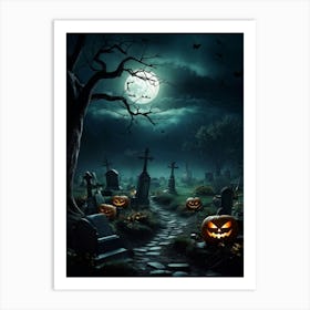 Art Landscape Pumpkin Holiday Design Halloween Fear Moon Skittish Green Grave Dark Scene (18) Art Print