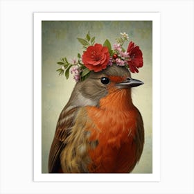 Robin Bird With Flower Crown Art Print