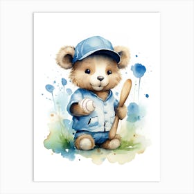 Baseball Teddy Bear Painting Watercolour 2 Art Print