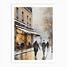 Paris cafes, winter season, Christmas, autumn oil colors, pale colors, pedestrians in the street, winter clothes, falling snow.Christmas decorations.7 1 Art Print