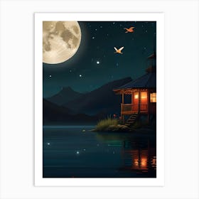 Moonlight Over Lake House Art Print