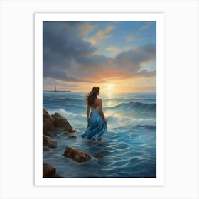 Woman Walking In The Ocean Art Print