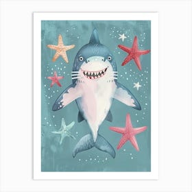 Blue Storybook Style Shark With Starfish 2 Art Print