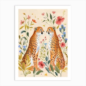 Folksy Floral Animal Drawing Cheetah Art Print