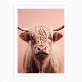 Pastel Pink Portrait Of Highland Cow 1 Art Print