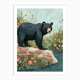 American Black Bear Standing On A Riverbank Storybook Illustration 1 Art Print
