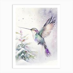 Hummingbird In Snowfall Cute Neon 3 Art Print