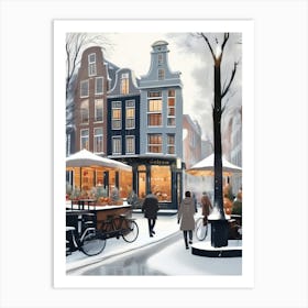 Amsterdam cafes, winter season, Christmas, autumn oil colors, pale colors, pedestrians in the street, winter clothes, falling snow.12 2 Art Print