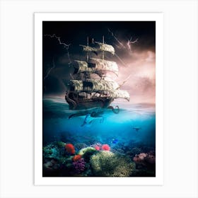 Kraken Attacks Pirate Ship Art Print