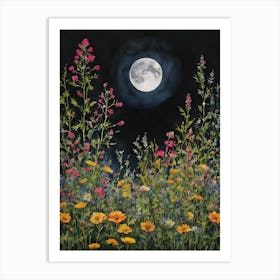 The Full Moon Over Wildflowers - Witchy Botanical Lunar Art Pagan Goddess Fairytale Fantasy Magical Mystical Beautiful Summer Flowers in the Garden on a Super Bright Glowing Moon HD Art Print