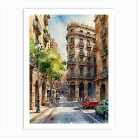 Barcelona Street Watercolor Painting Art Print