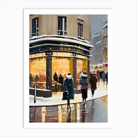 Paris cafes, winter season, Christmas, autumn oil colors, pale colors, pedestrians in the street, winter clothes, falling snow.Christmas decorations.10 Art Print