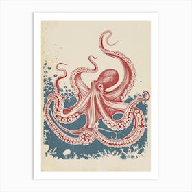 Octopus Red & Blue Silk Screen Inspired 5 Art Print