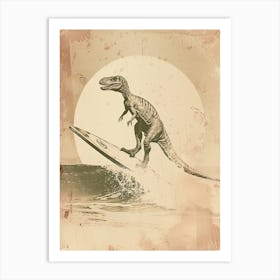 Vintage Dilophosaurus Dinosaur On A Surf Board 2 Art Print
