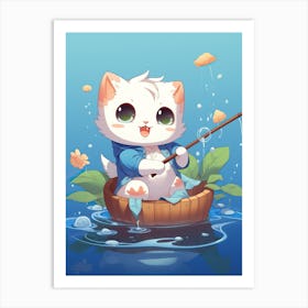 Kawaii Cat Drawings Fishing 1 Art Print