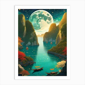 Ha Long Bay Vietnam - Moonlight In The Mountains - Trippy Abstract Cityscape Iconic Wall Decor Visionary Psychedelic Fractals Fantasy Art Cool Full Moon Third Eye Space Sci-fi Awesome Futuristic Ancient Paintings For Your Home Gift For Him Art Print