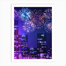 Synthwave Neon City - Fireworks [synthwave/vaporwave/cyberpunk] — aesthetic poster, retrowave poster, neon poster Art Print