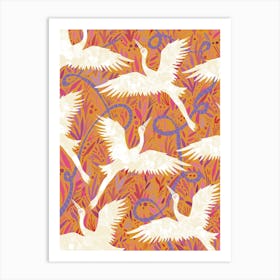 Yellow Cranes Floral Pattern Art Print
