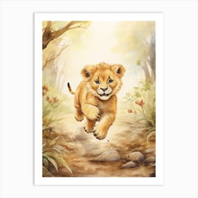 Running Watercolour Lion Art Painting 4 Art Print
