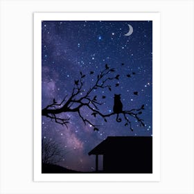 Cat On A Branch At Night Art Print