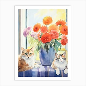 Cat With Zinnia Flowers Watercolor Mothers Day Valentines 4 Art Print