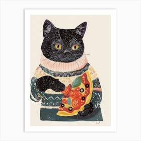 Cute Black Cat Eating A Pizza Slice Folk Illustration 2 Art Print