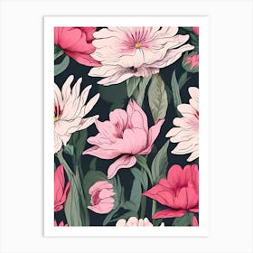 Pink Flowers Seamless Pattern 1 Art Print