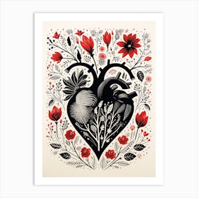 Anatomical Heart Abstract Floral Sepia Red Art Print