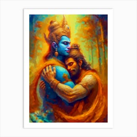 Celestial Embrace: Ram and Hanuman's Divine Reunion Art Print