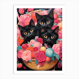 Black Kittens In A Basket Kitsch 1 Art Print