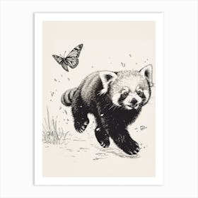 Red Panda Cub Chasing After A Butterfly Ink Illustration 2 Art Print