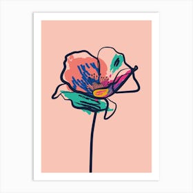 Poppy Flower Minimal Line Art Pink Art Print